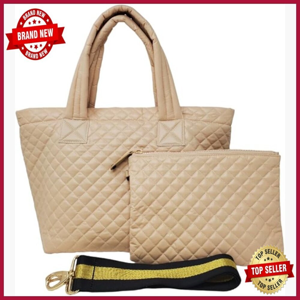 Medium Quilted Tote Bag with Pouch Water Repellent Lightweight Daily Use